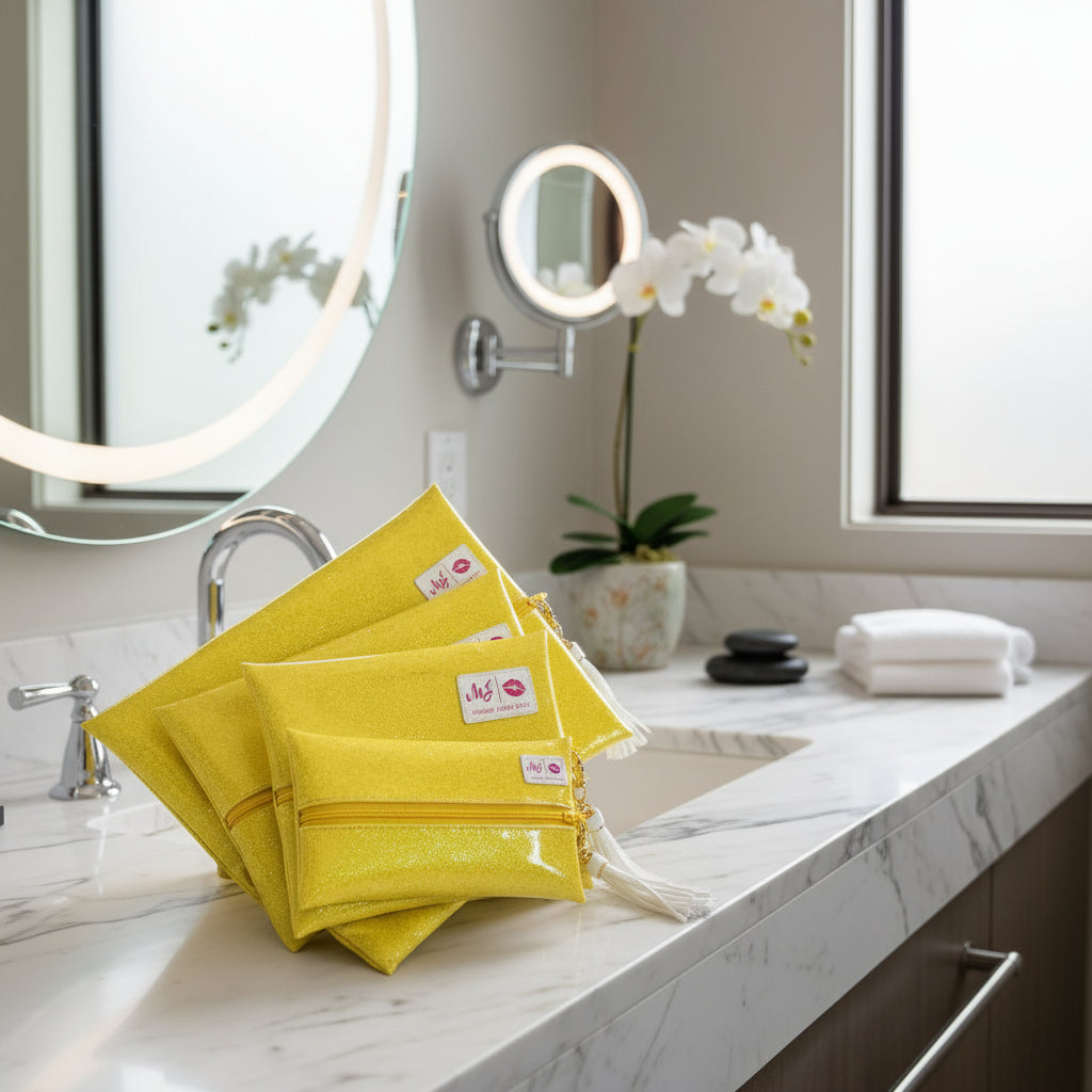 Set of yellow bags with visible brand labels on a white background