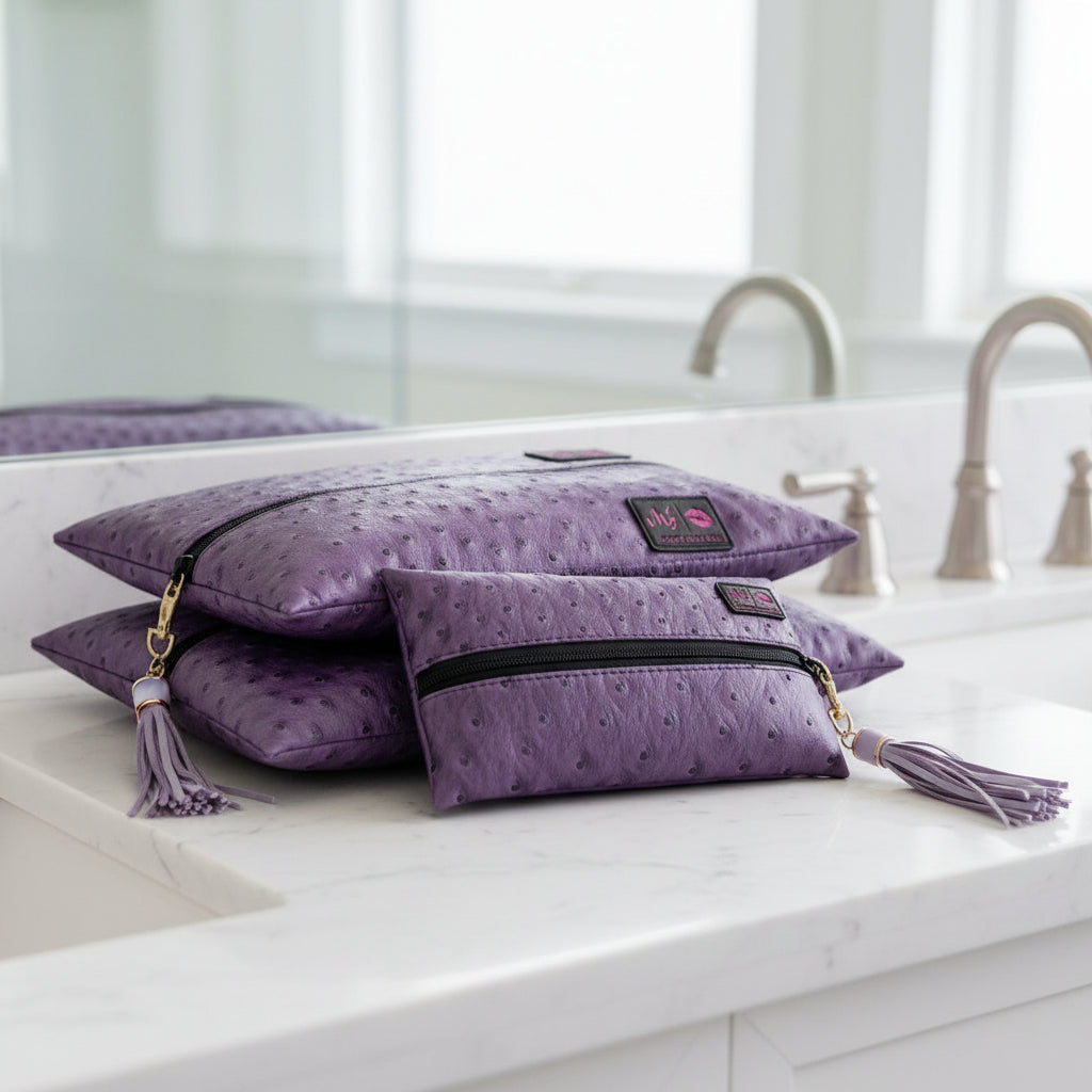Purple patterned bags with tassels and visible brand logo on a white background