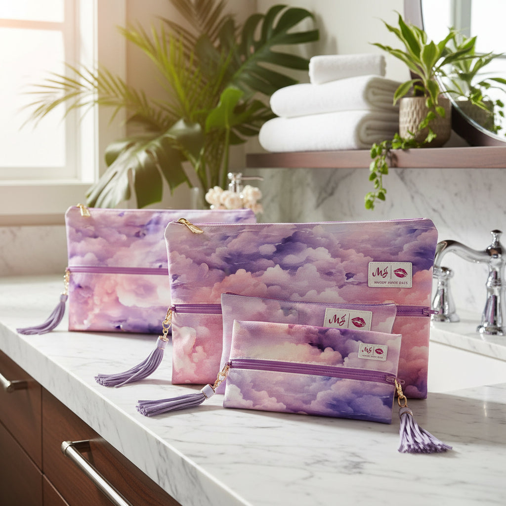 Set of cloud-patterned pouches with tassels and visible brand logo on a white background