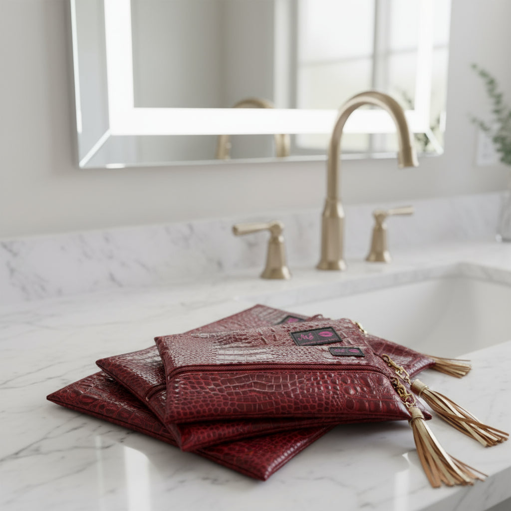 Set of red textured pouches with tassels on a white background