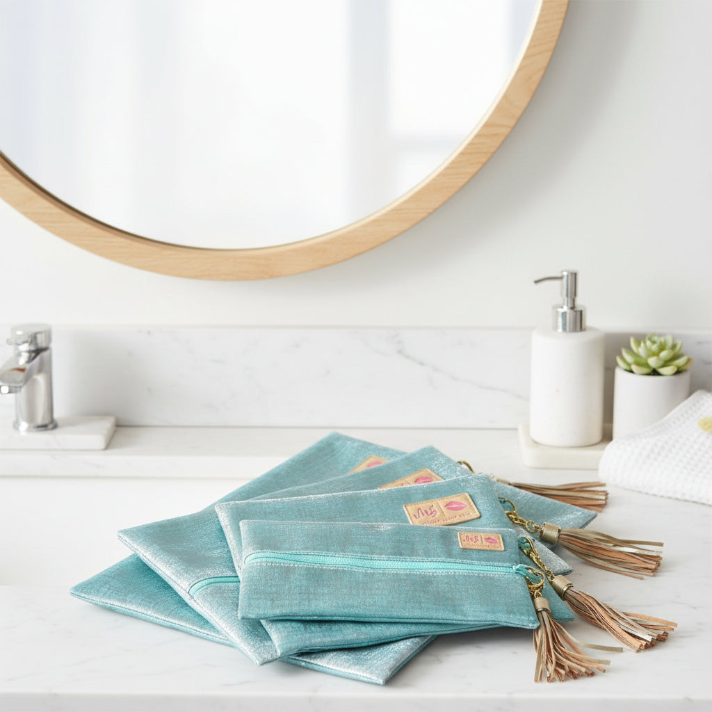 Set of blue pouches with tassels and visible brand label on a white background