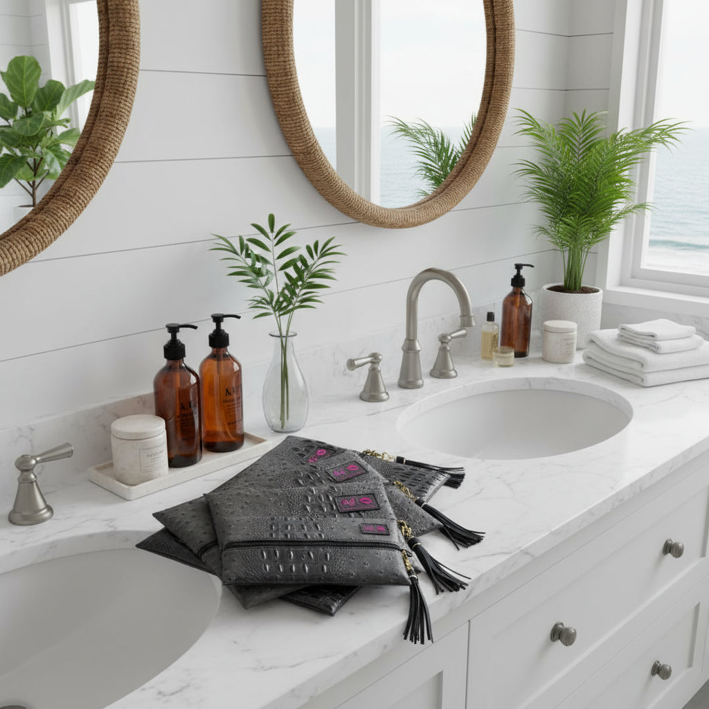 Set of gray clutch bags with black tassels and pink logo on a white background