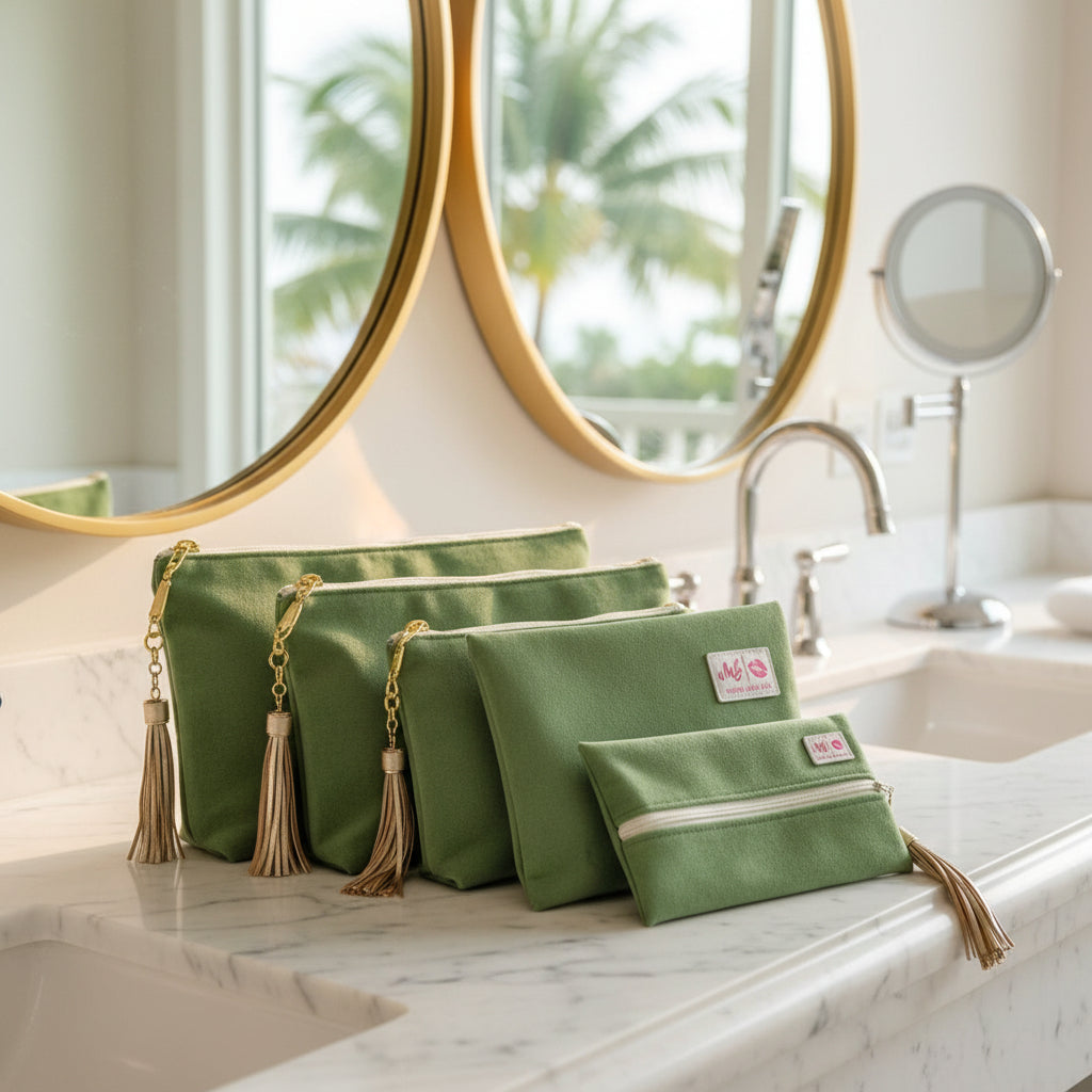 Set of green pouches with gold tassels and visible brand logo on a white background