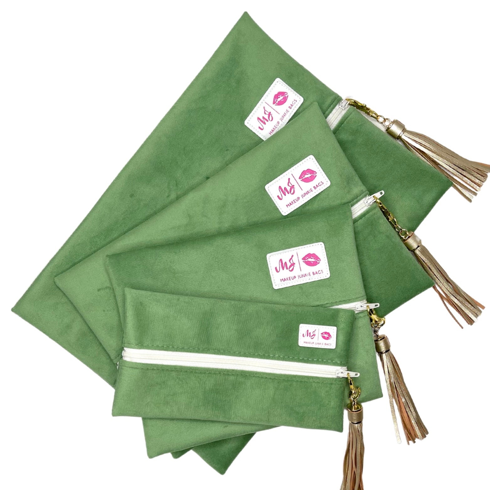Set of green pouches with gold tassels and visible brand logo on a white background