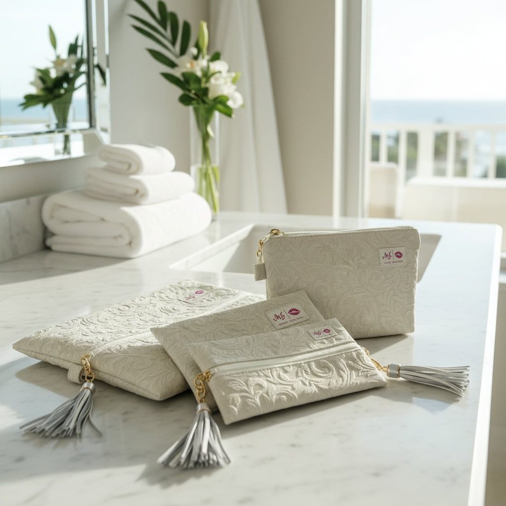 Set of beige pouches with tassels and visible branding on a white background