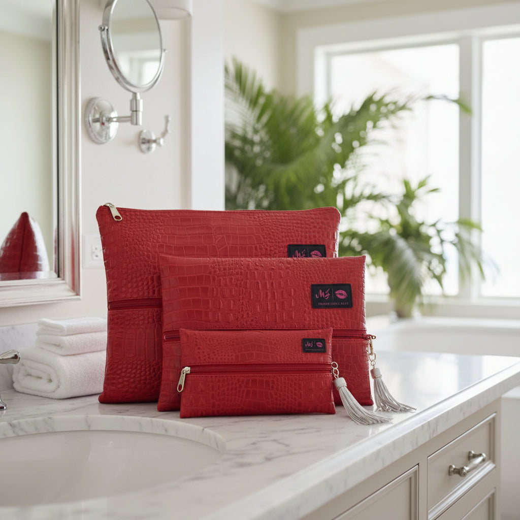Red textured clutch bags with tassels on a white background