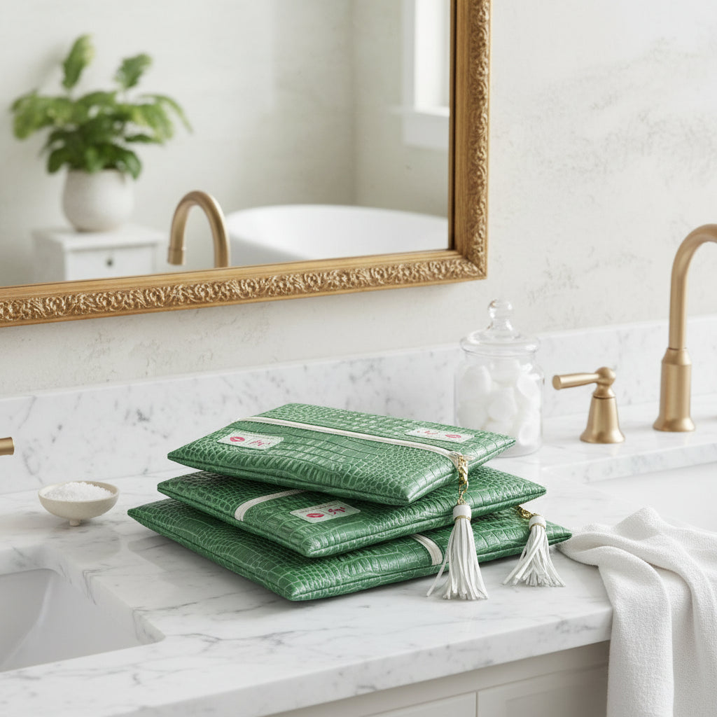 Set of green patterned pouches with visible branding on a white background