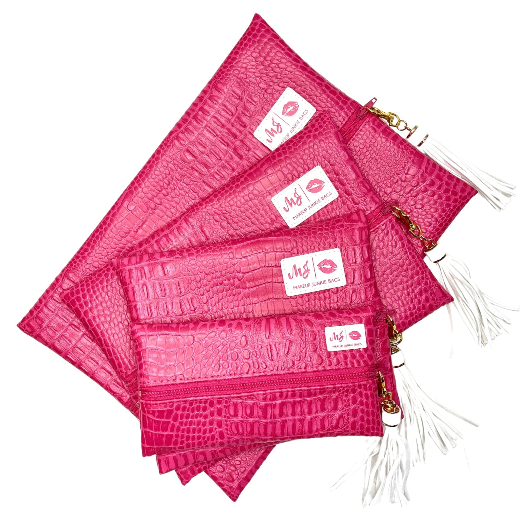 Set of pink textured pouches with visible brand logo on a white background