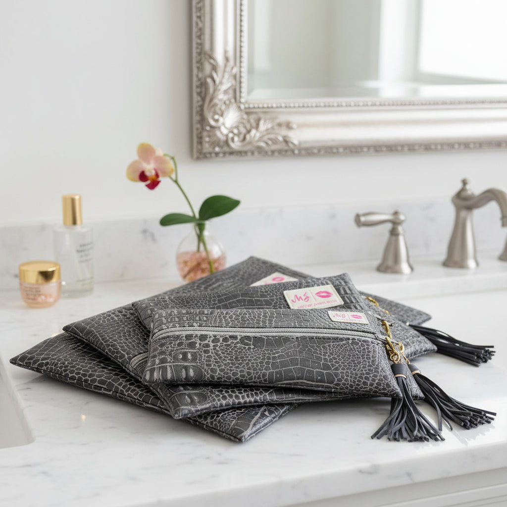 Gray crocodile-patterned pouches with tassels and visible brand labels on a white background