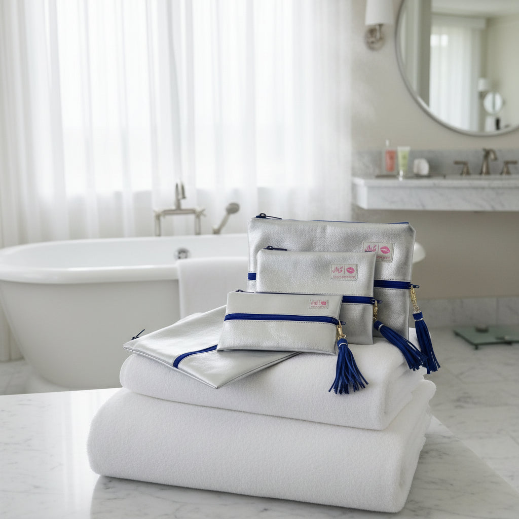 Set of silver pouches with blue tassels and visible branding on a white background