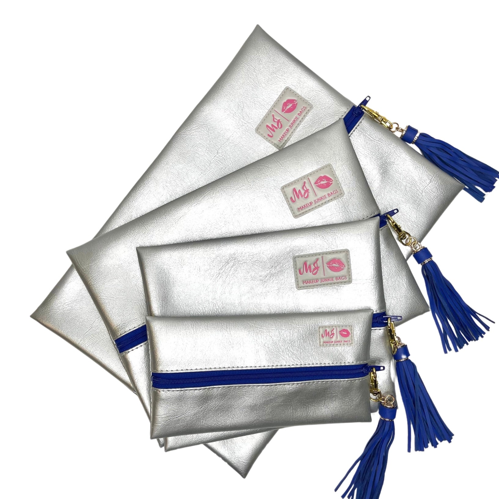 Set of silver pouches with blue tassels and visible branding on a white background