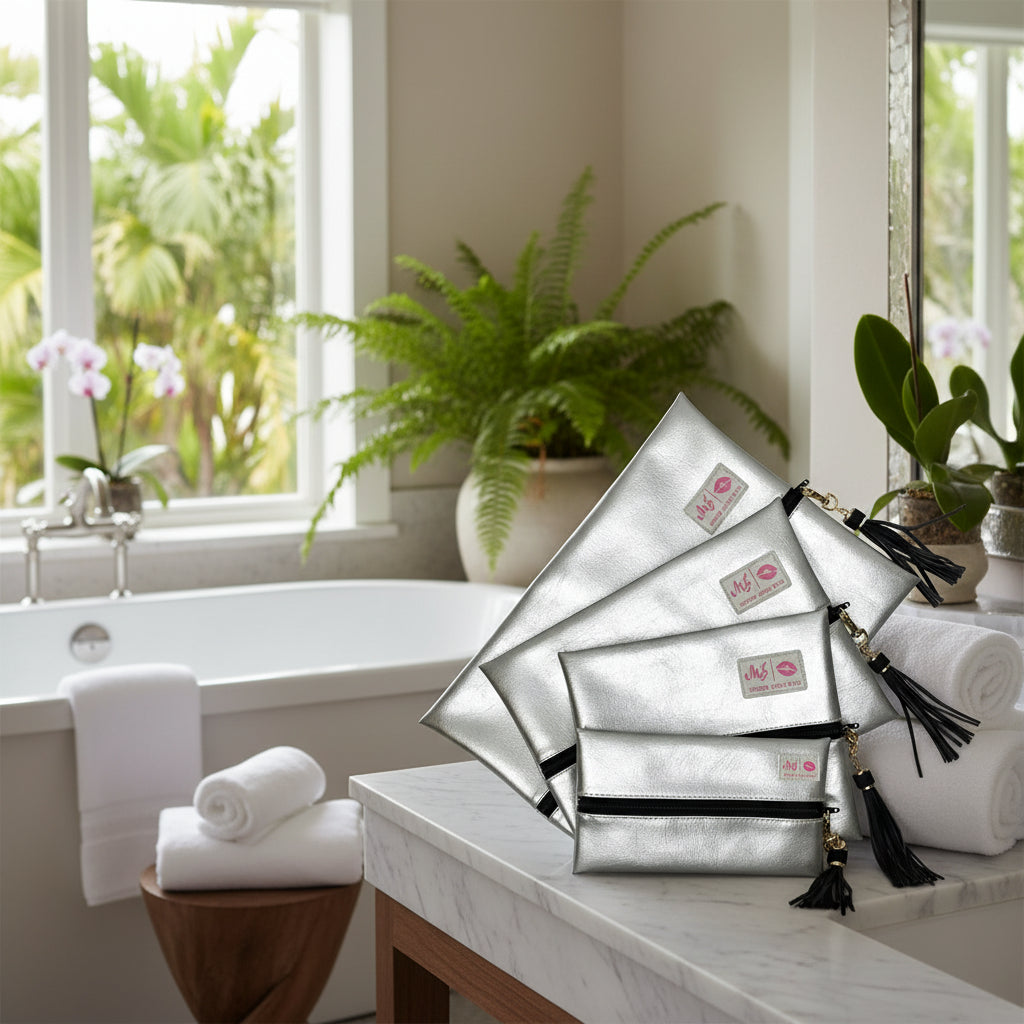 Silver clutch bags with black straps and tassels on a white background