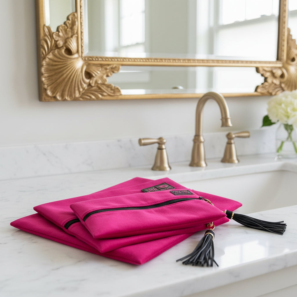 Set of pink pouches with black tassels and visible brand logo on a white background