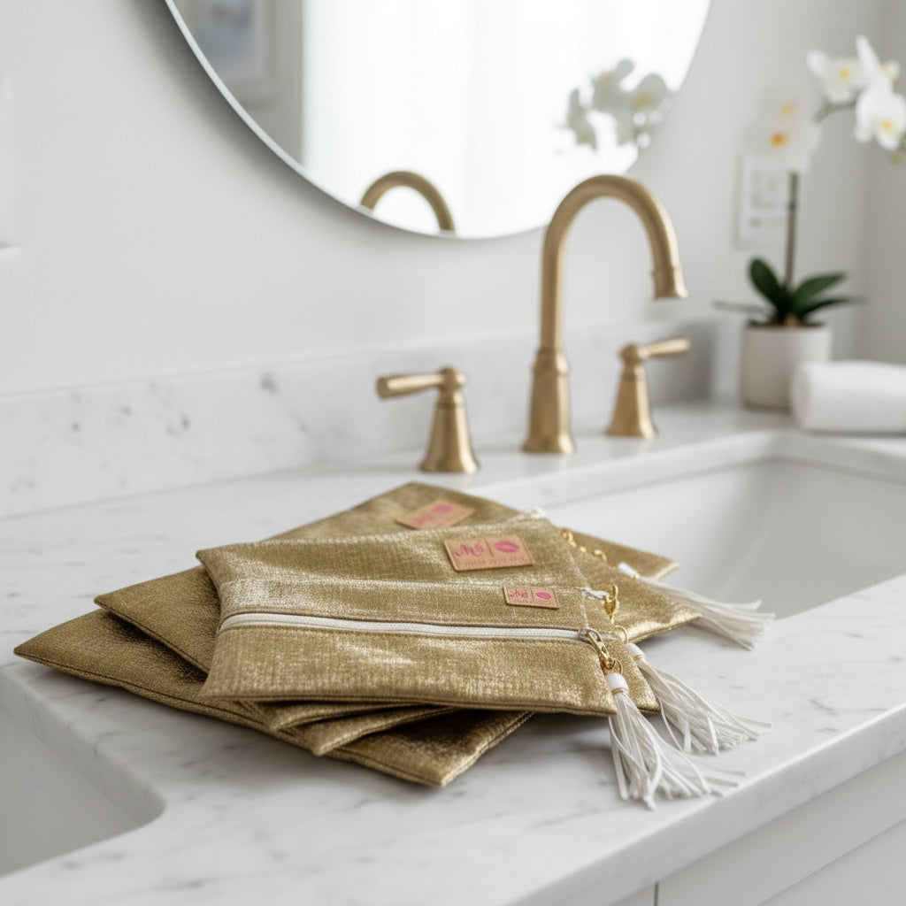 Gold metallic bags with tassels and visible brand logo on a white background