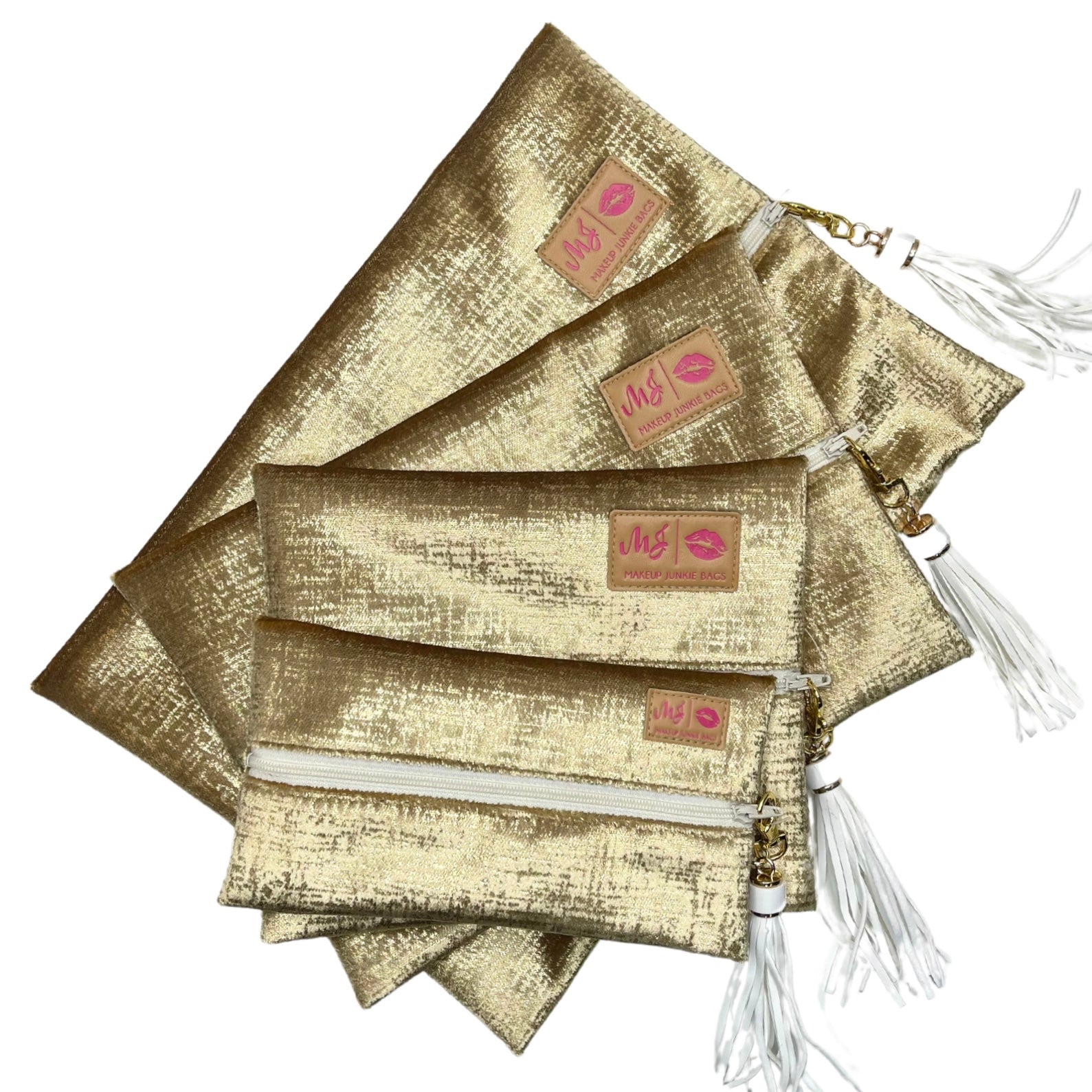 Gold metallic bags with tassels and visible brand logo on a white background