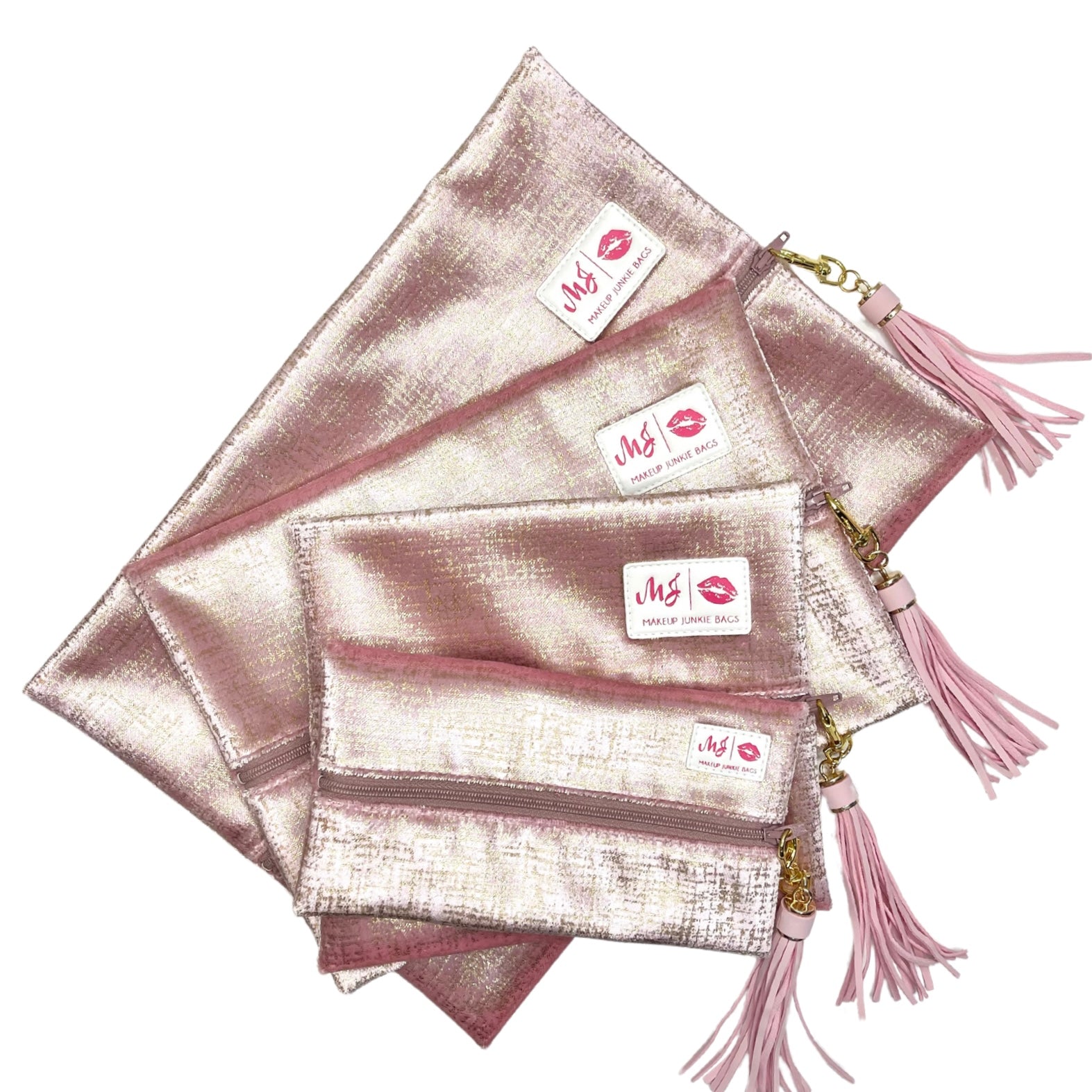 Set of pink pouches with tassels and visible brand logo on a white background