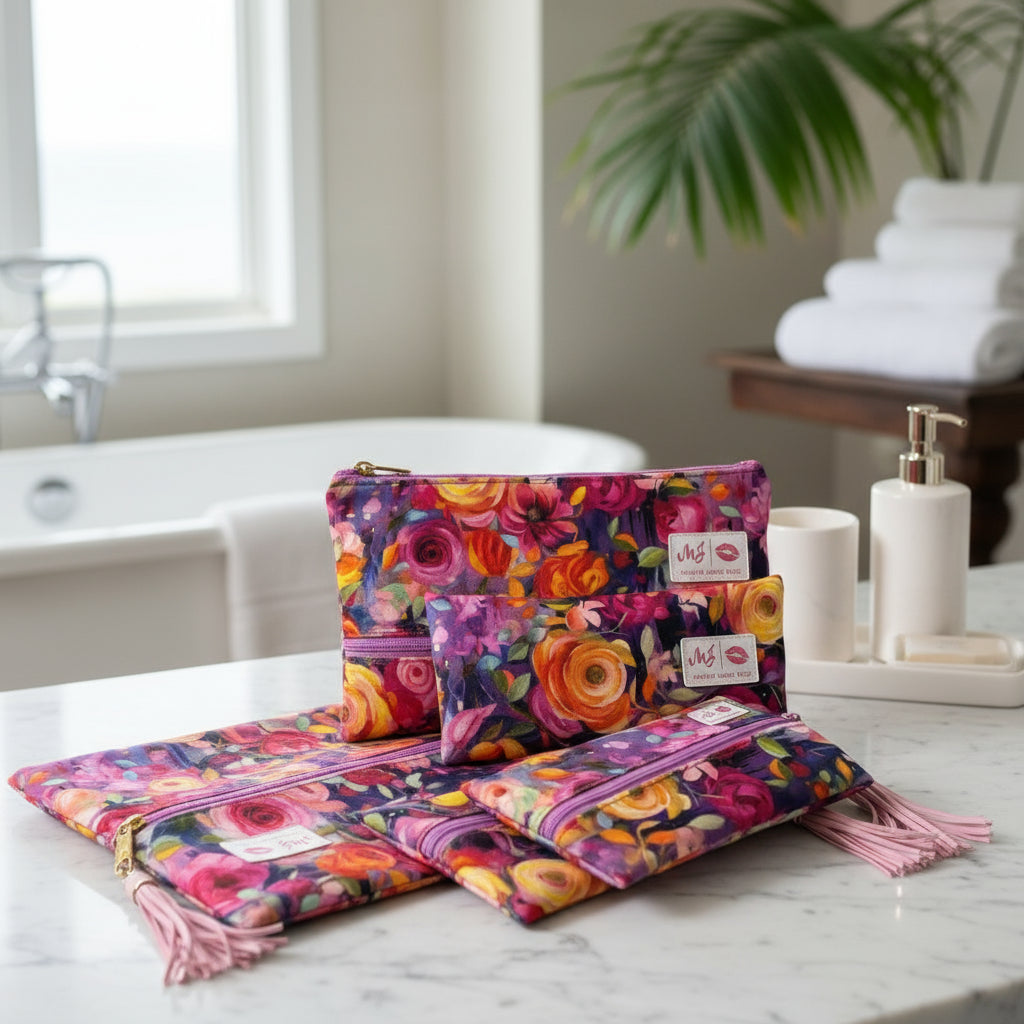 Colorful floral-patterned bags with pink tassels and visible brand labels on a white background