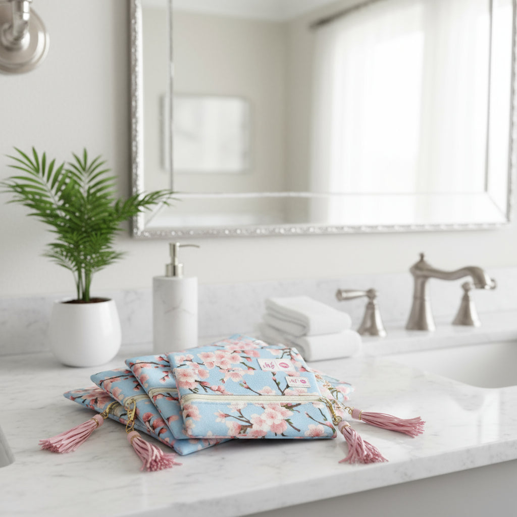 Set of cherry blossom-themed pouches with tassels on a white background