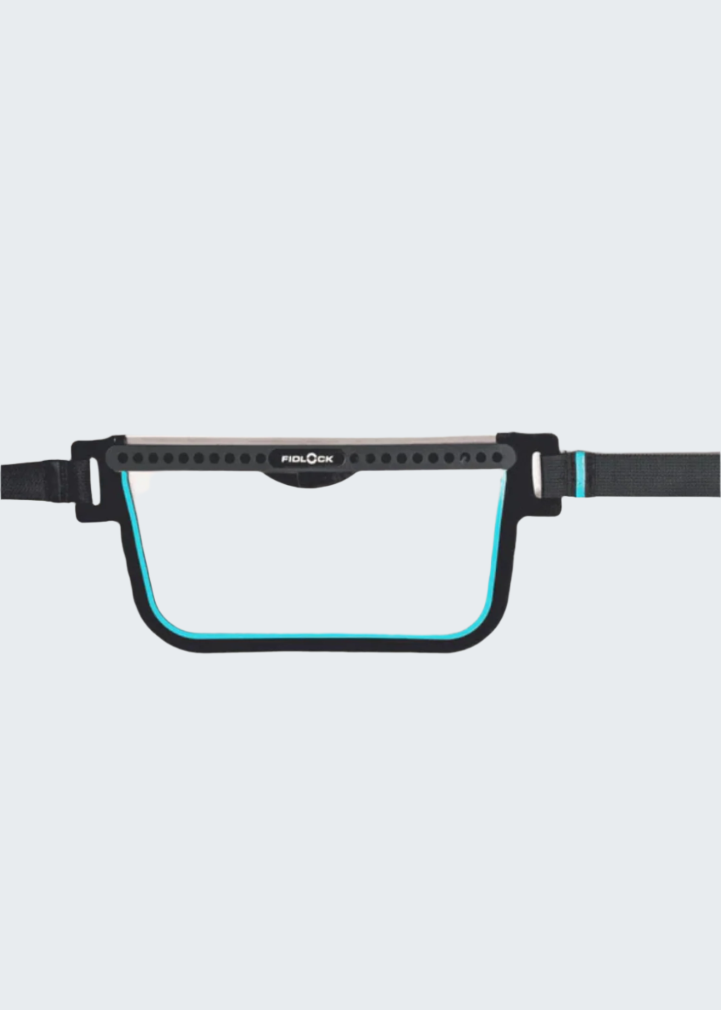 Clear waist bag with black strap and visible brand logo on a white background