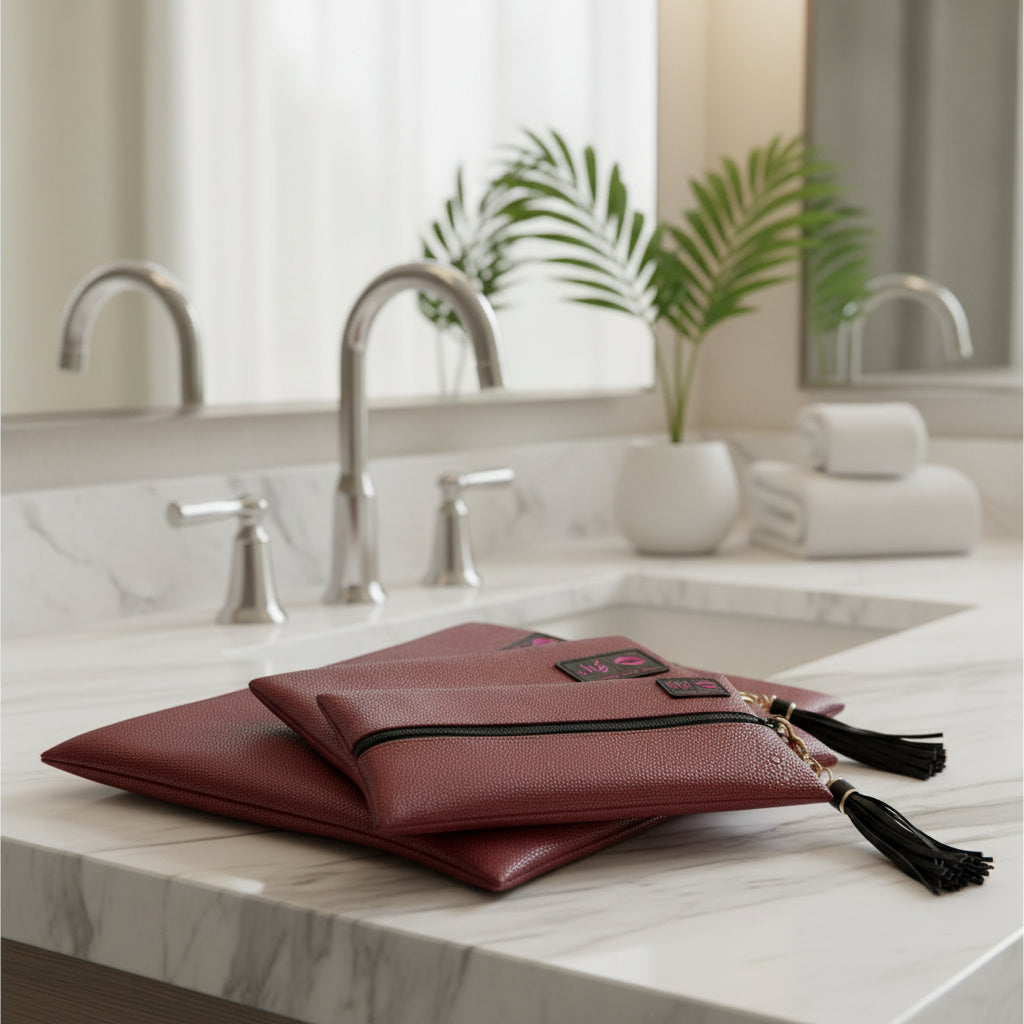 Set of red clutch bags with tassels and visible brand logo on a white background