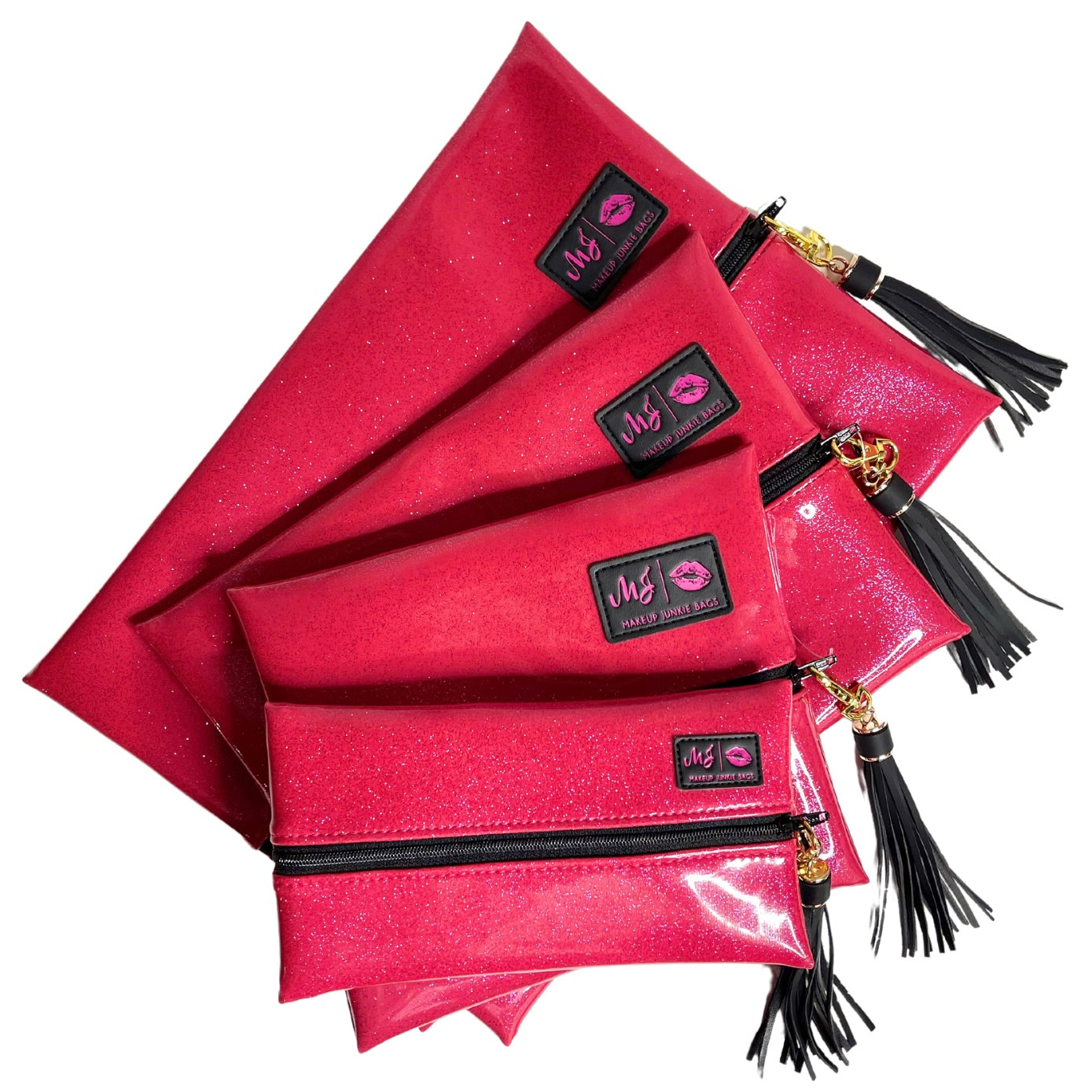 Set of red cosmetic bags with tassels and visible brand logo on a white background