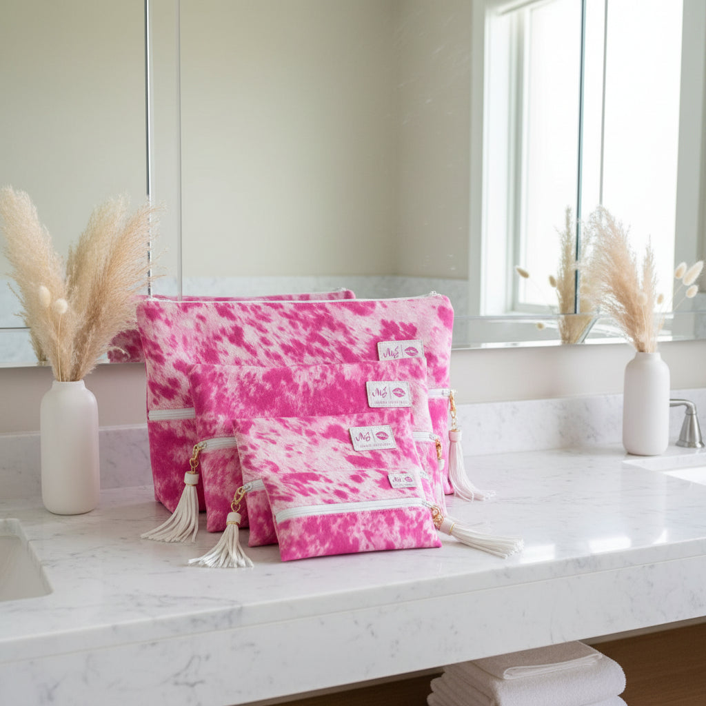 Set of pink and white tie-dye bags with visible brand logo on a white background