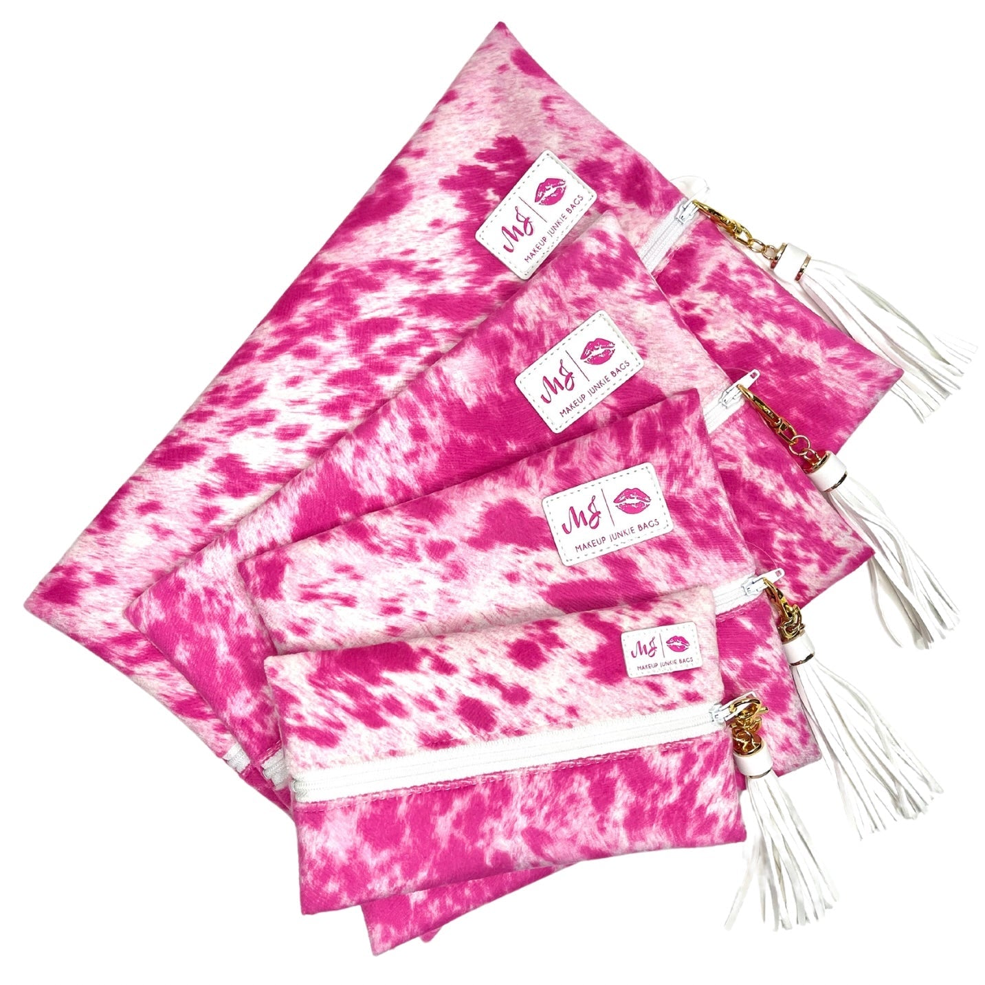 Set of pink and white tie-dye bags with visible brand logo on a white background