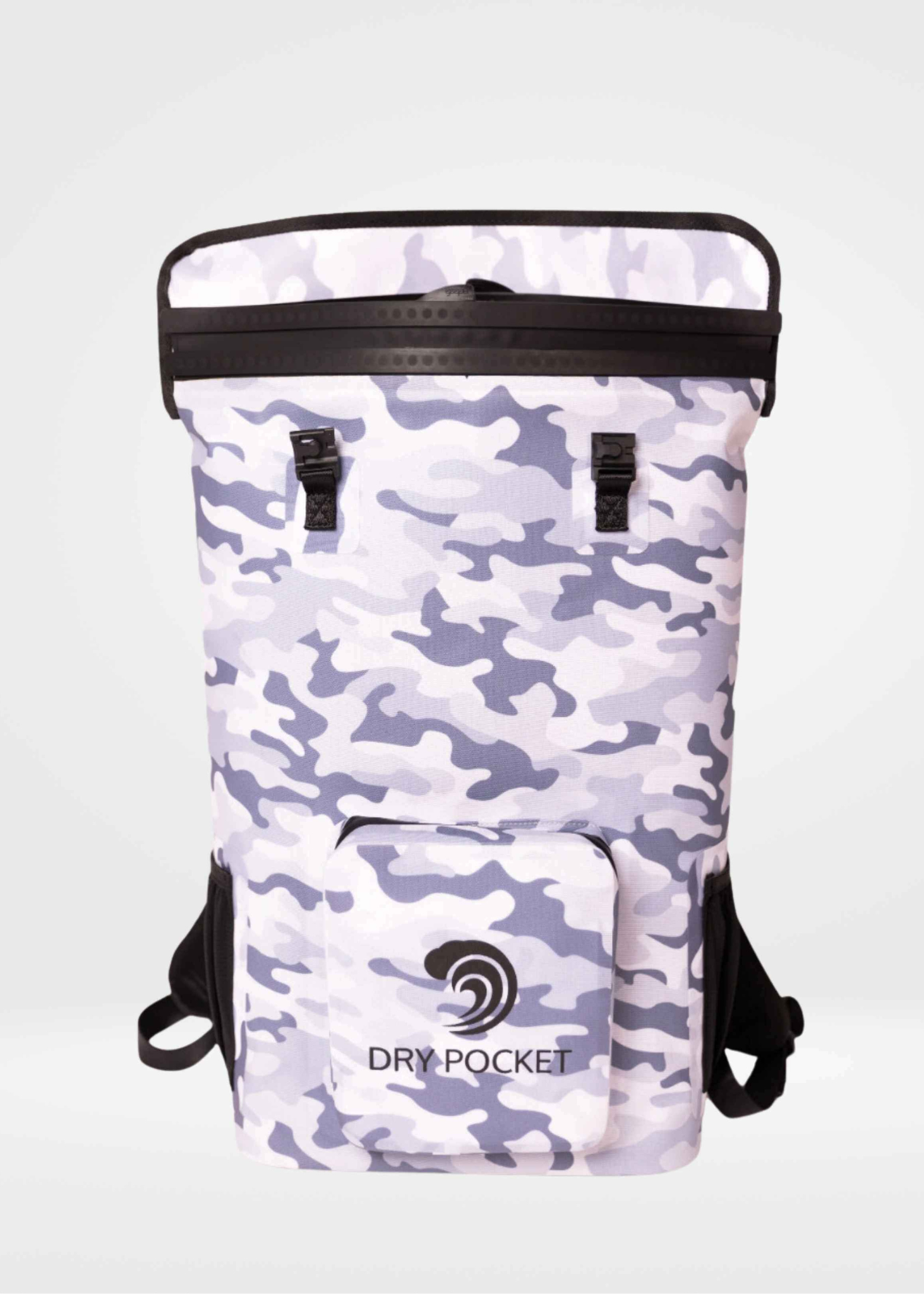 Camouflage-patterned backpack with a visible brand logo on a white background