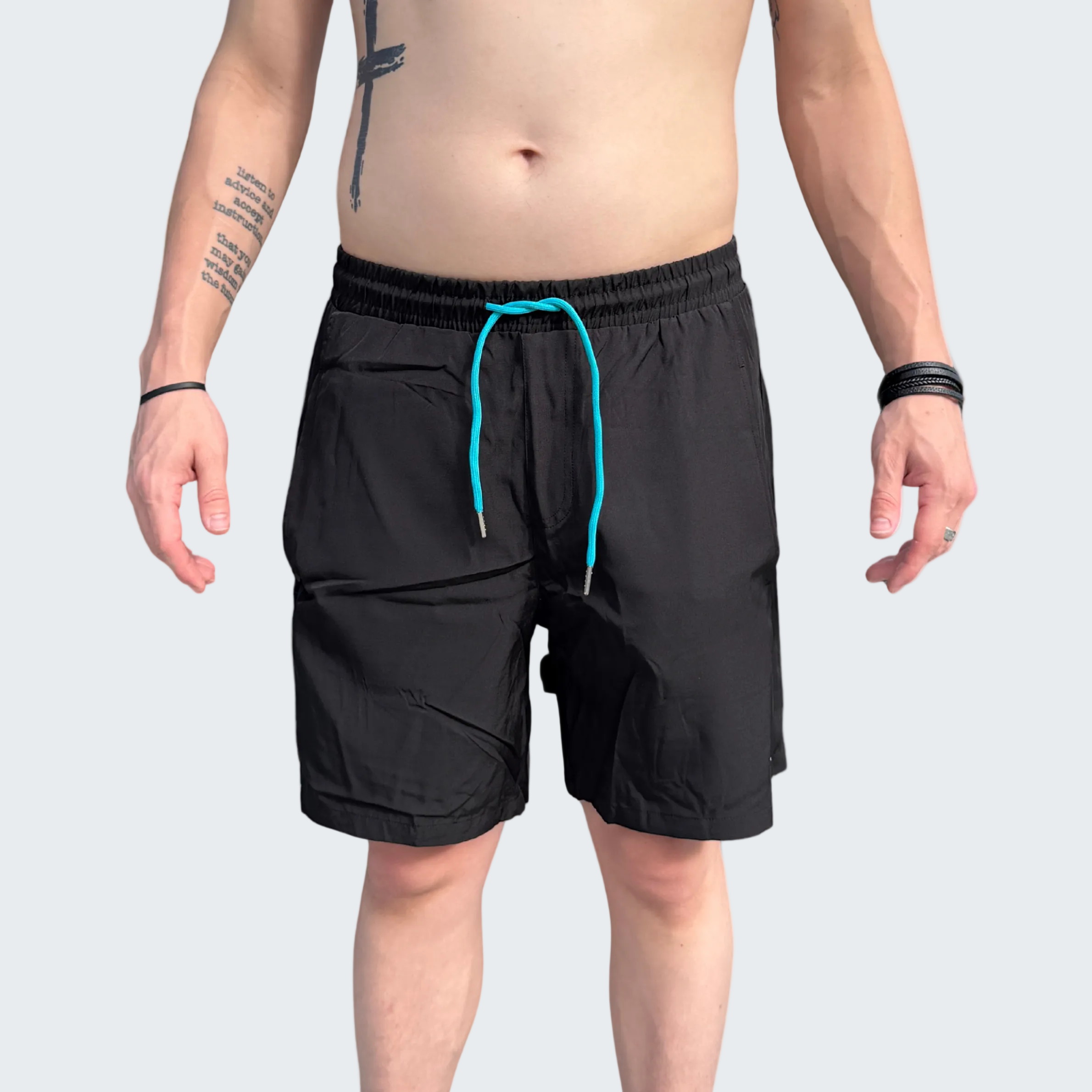 Black shorts with a blue drawstring on a white background