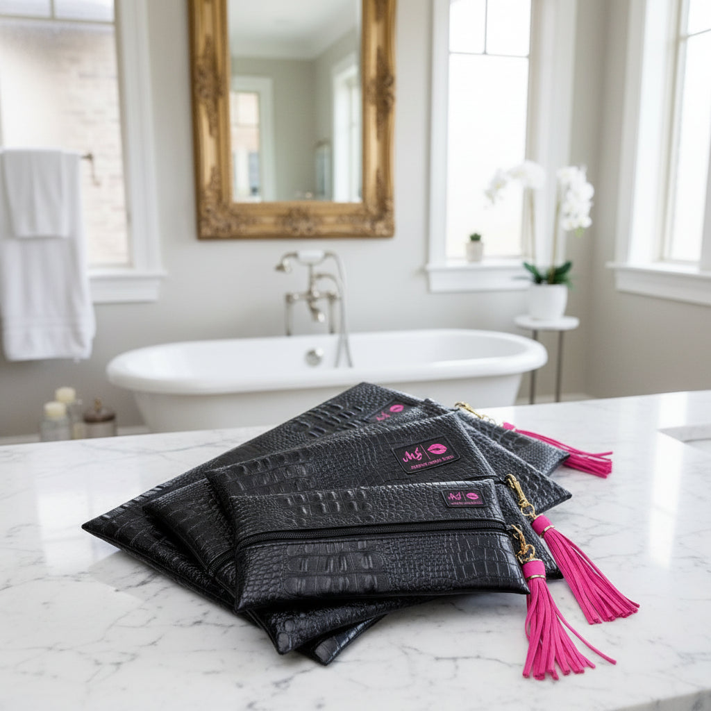 Black crocodile-patterned pouches with pink tassels and visible brand logo on a white background