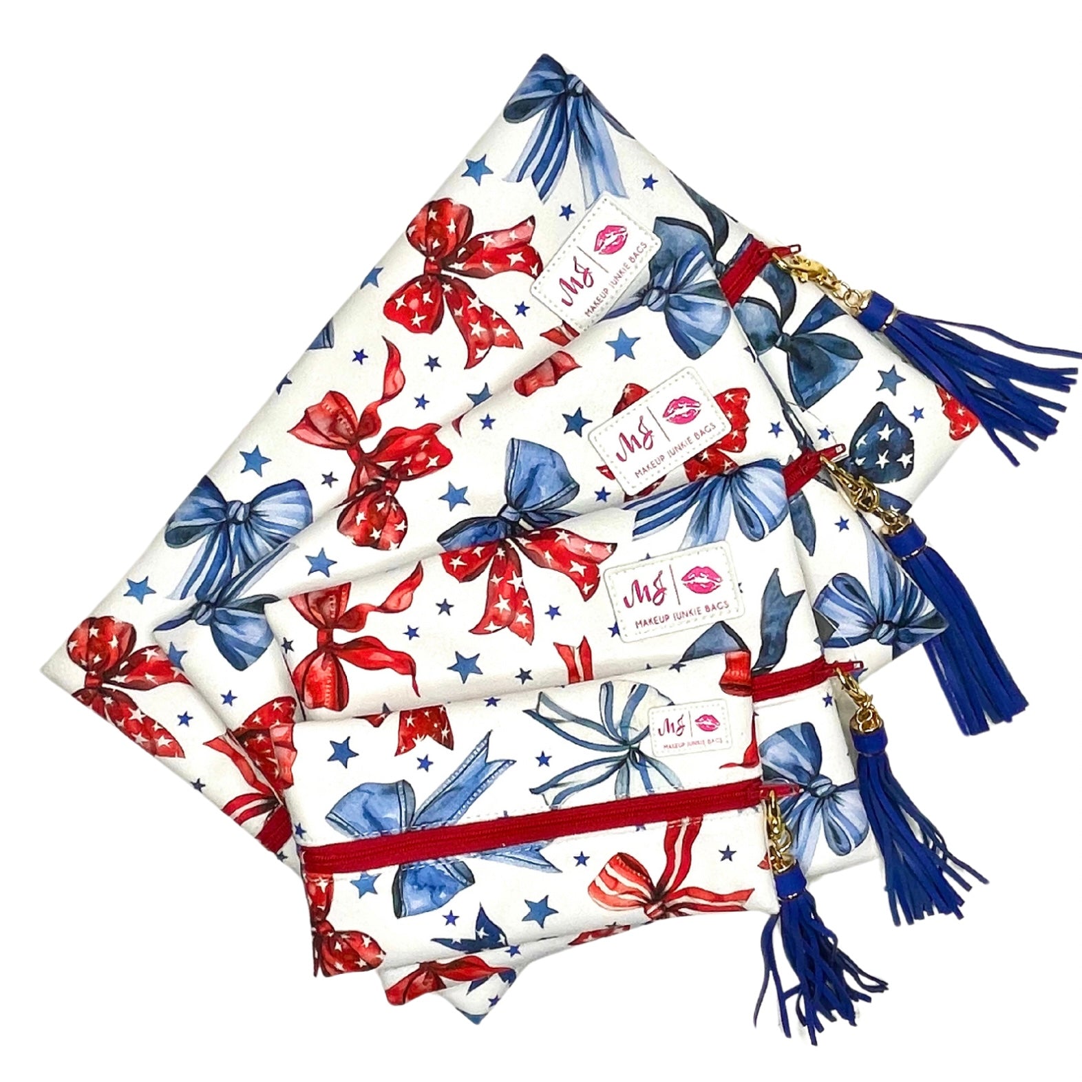 Set of pouches with red, white, and blue bow designs on a white background