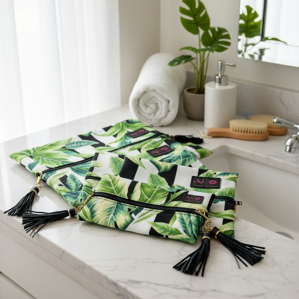 Set of pouches with tropical leaf pattern and tassels on a white background