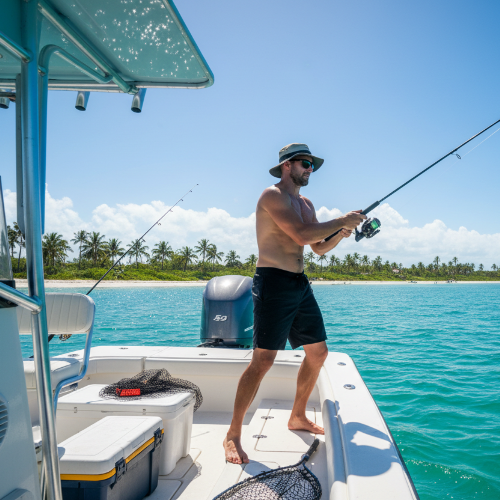 Man fishing on a boat in clear blue water with a tropical landscape in the background