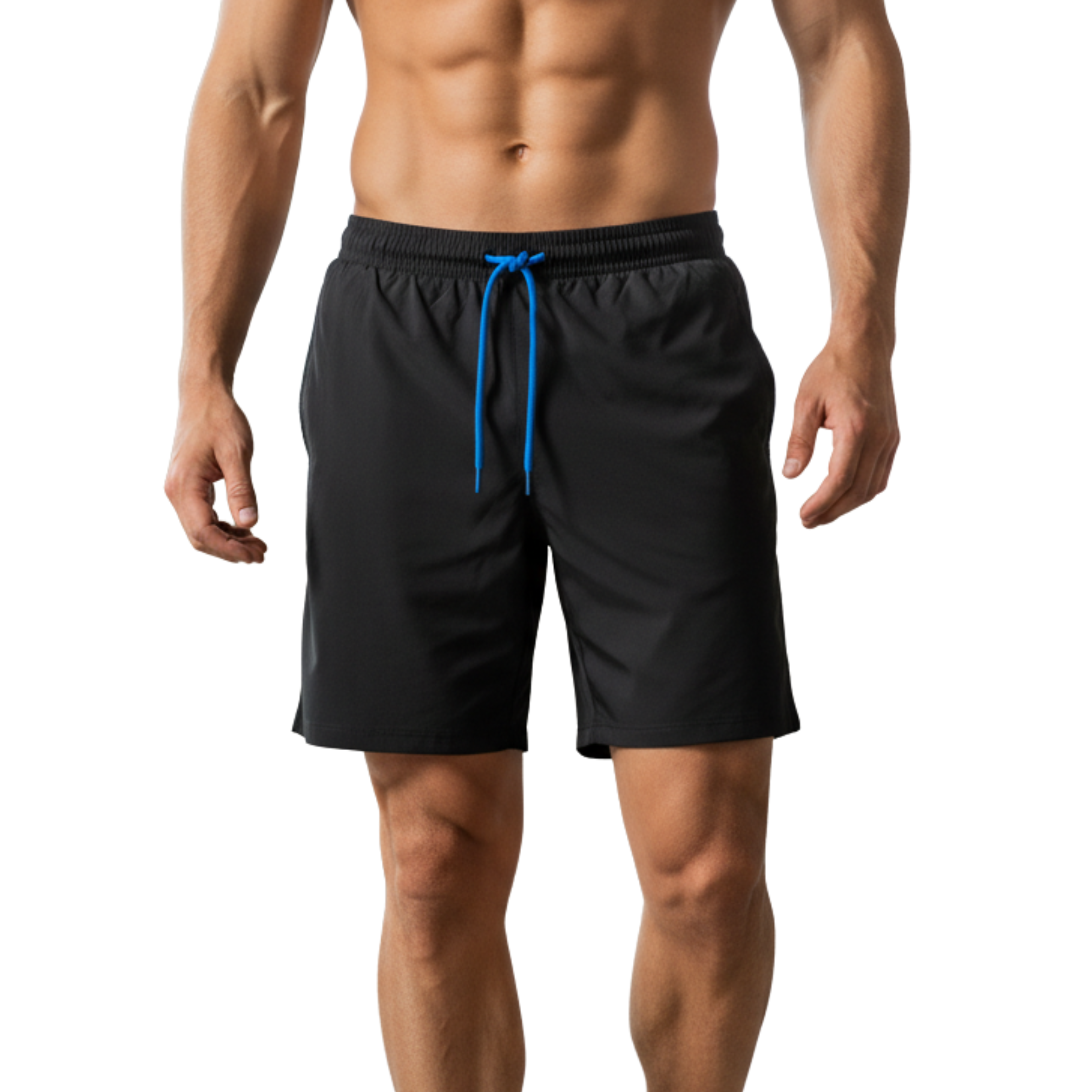 Black shorts with a blue drawstring on a white background