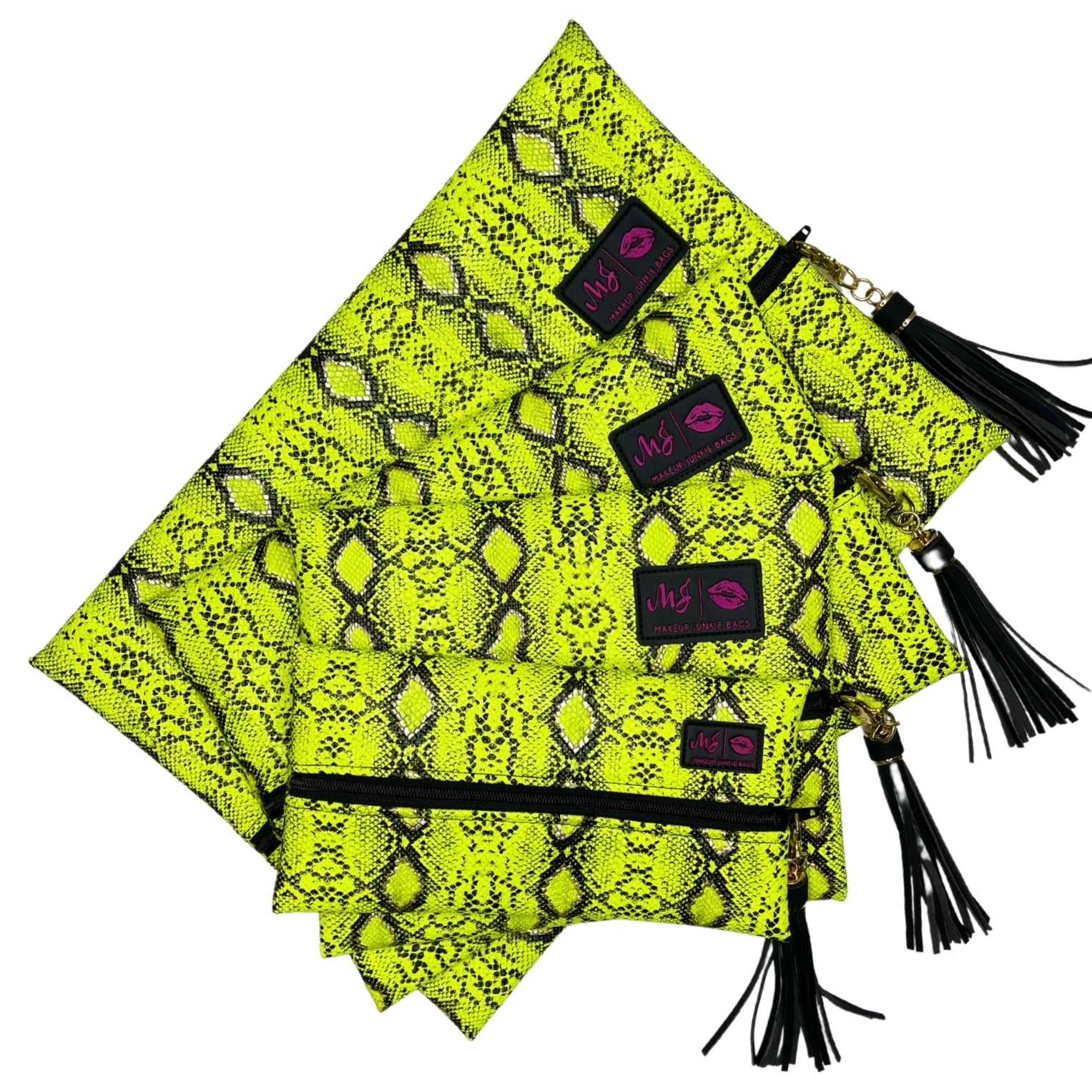 Neon green snake print bag with black tassels and visible brand labels on a white background
