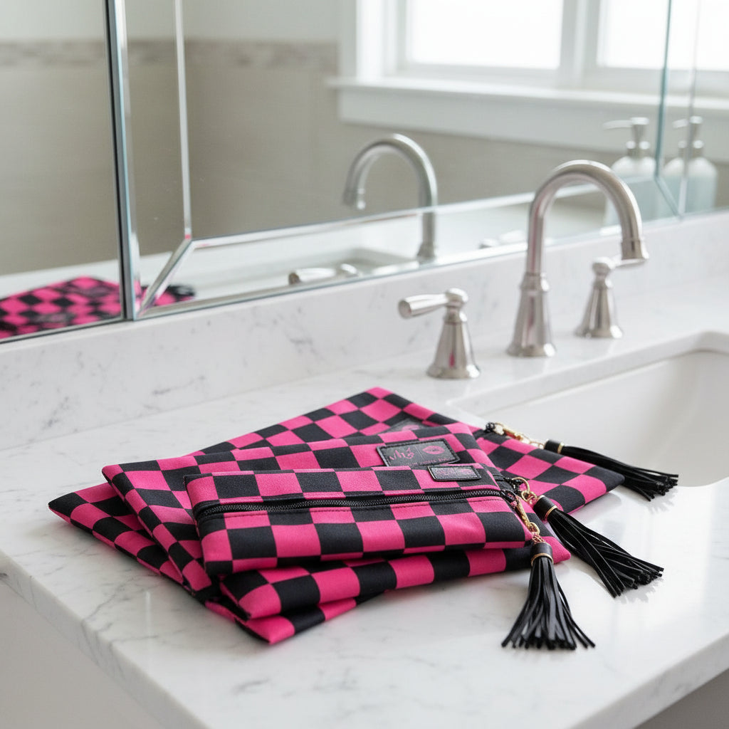 Pink and black checkered bags with tassels on a white background
