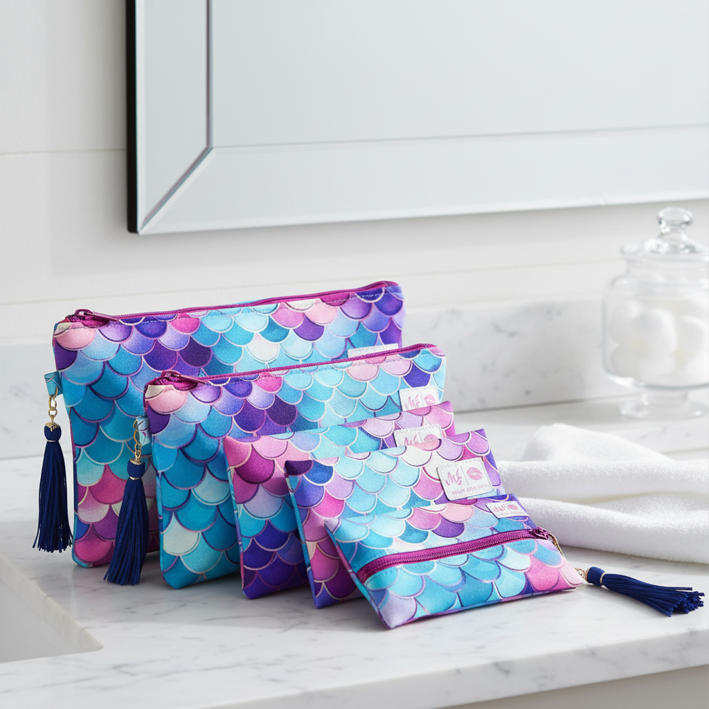 Colorful mermaid scale pattern bags with tassels on a white background