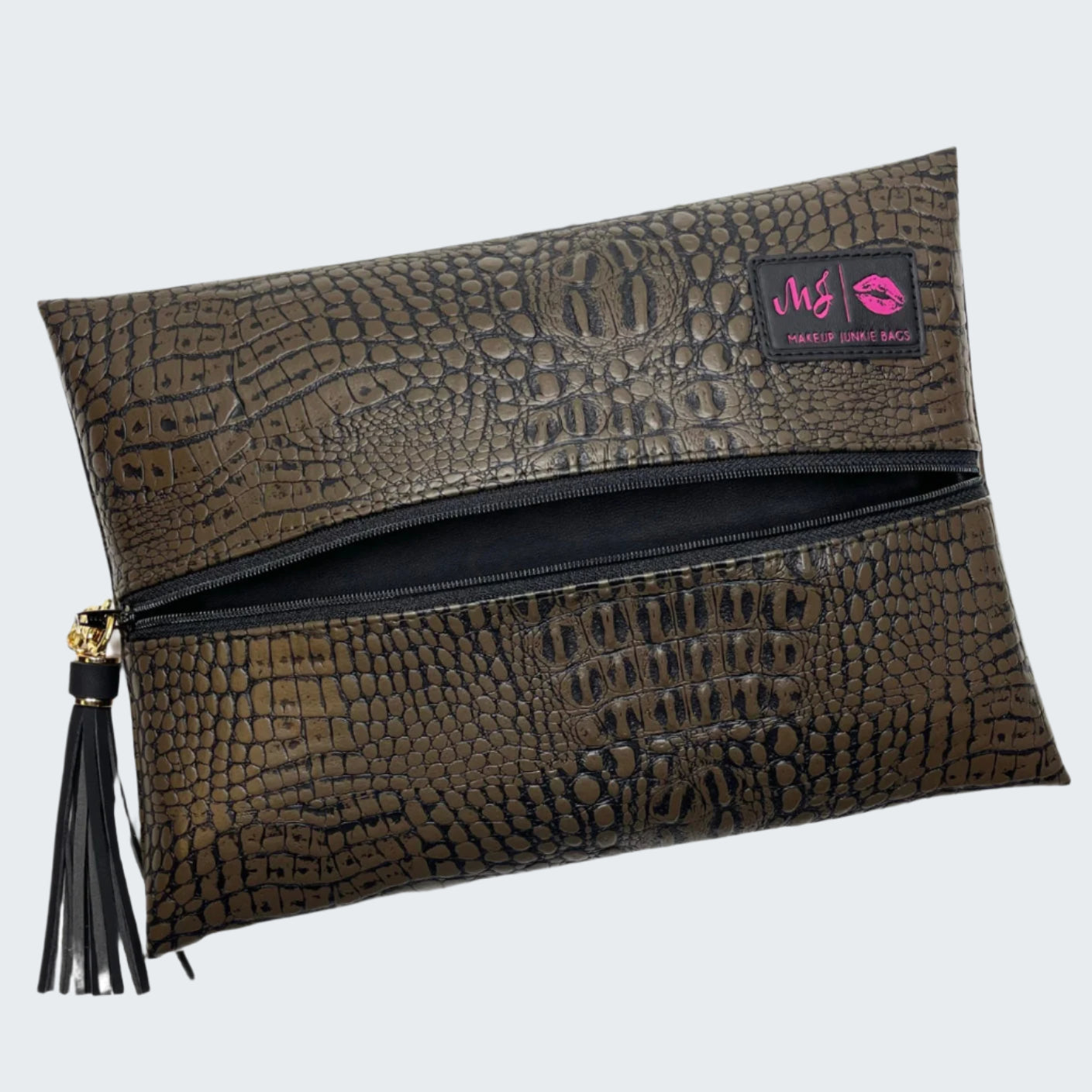 Brown textured clutch bag with a visible brand logo on a white background