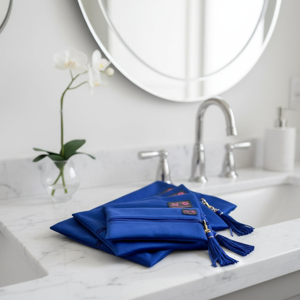 Blue bags with tassels and visible brand logos on a white background