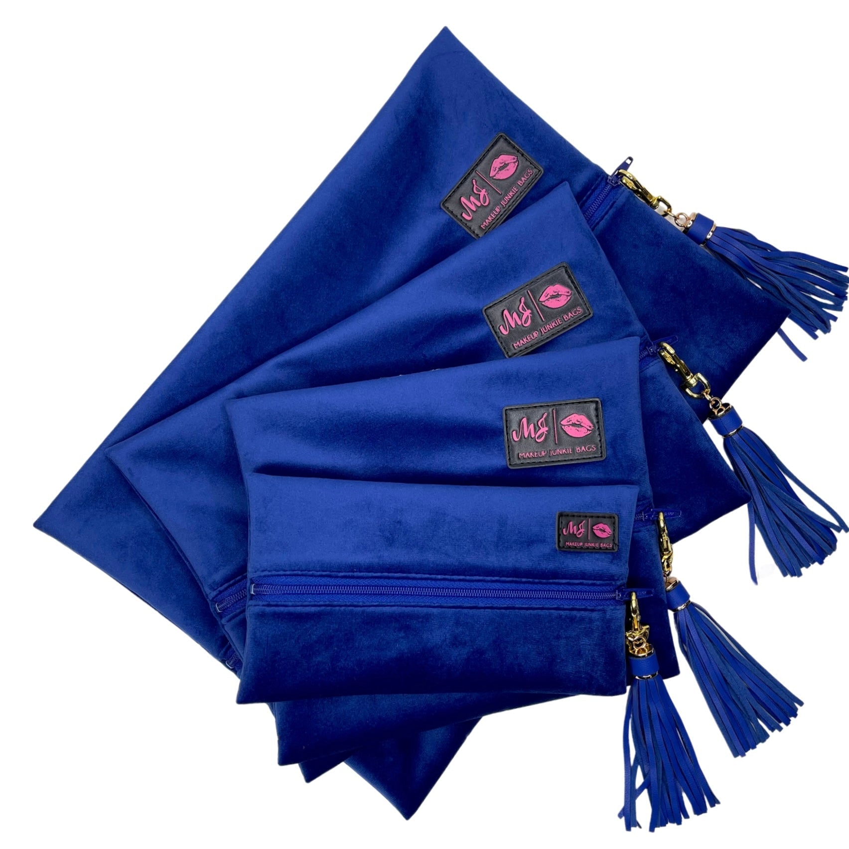 Blue bags with tassels and visible brand logos on a white background