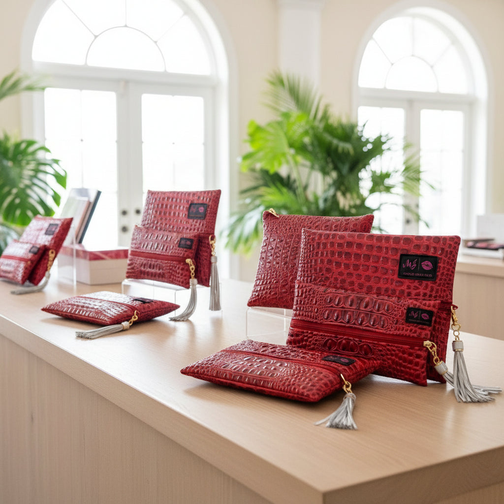 Red textured clutch with gold accents and tassels on a white background