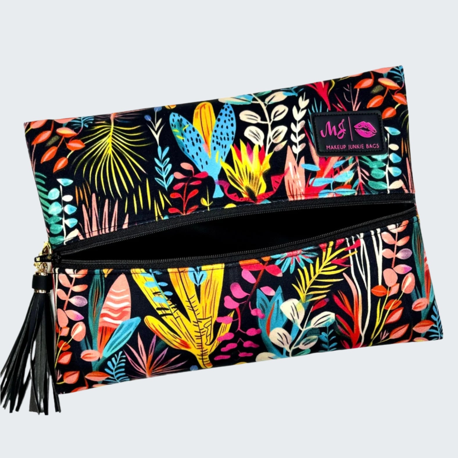 Colorful floral-patterned pouch with a brand label on a white background
