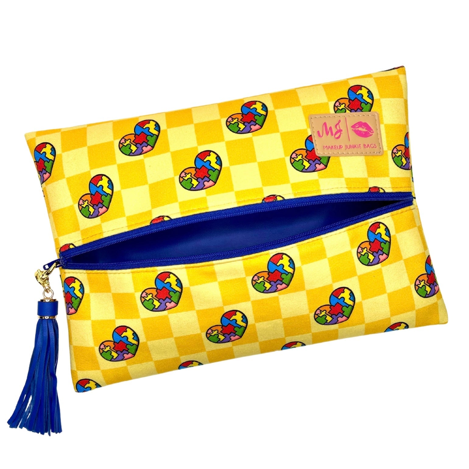 Autism Awareness Yellow Check Makeup Junkie Bag