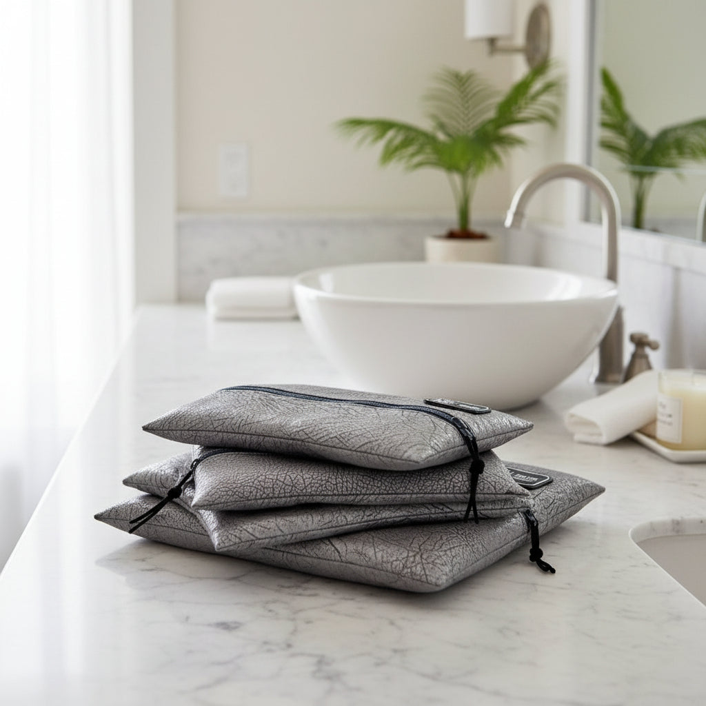 Set of gray patterned bags with visible brand labels on a white background