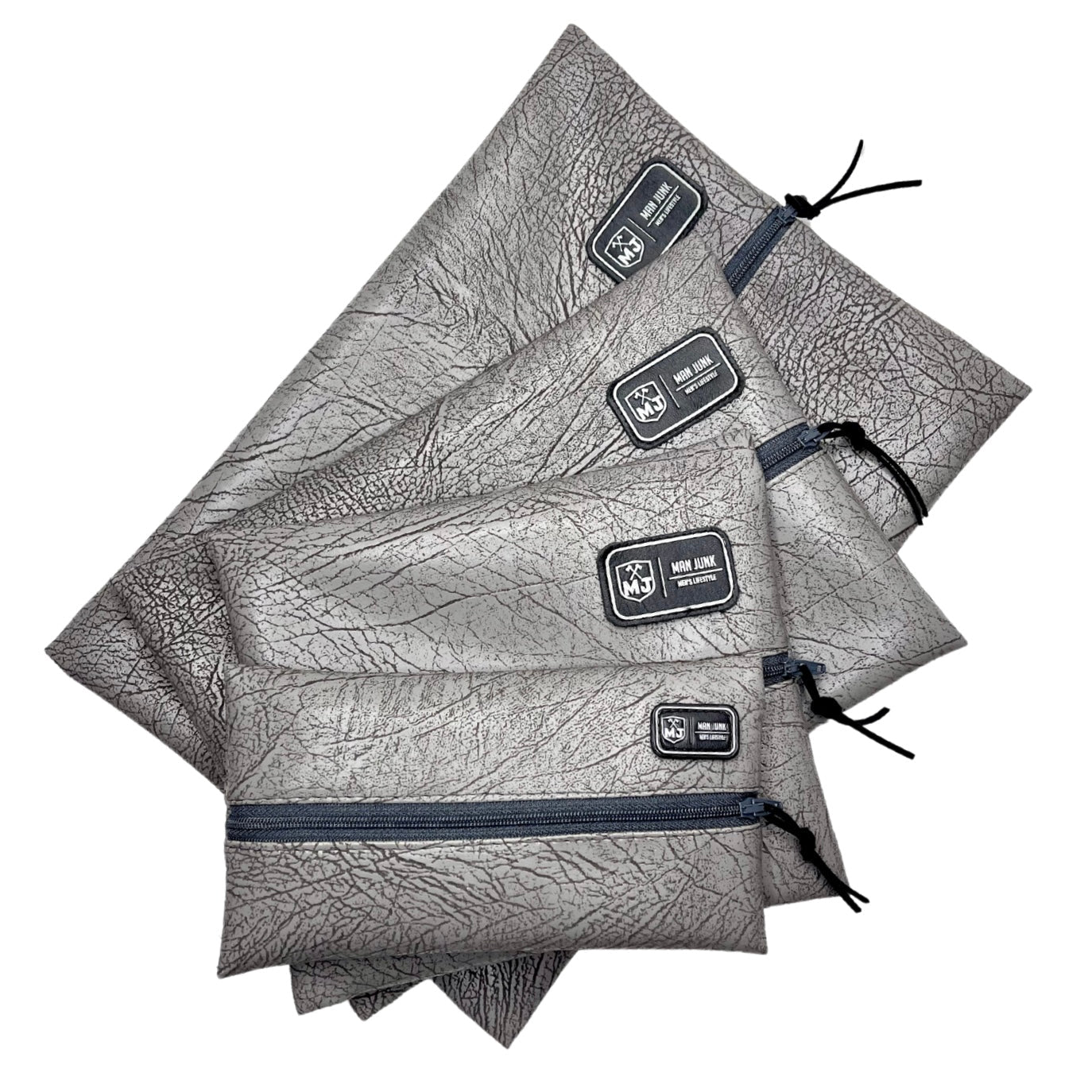 Set of gray patterned bags with visible brand labels on a white background