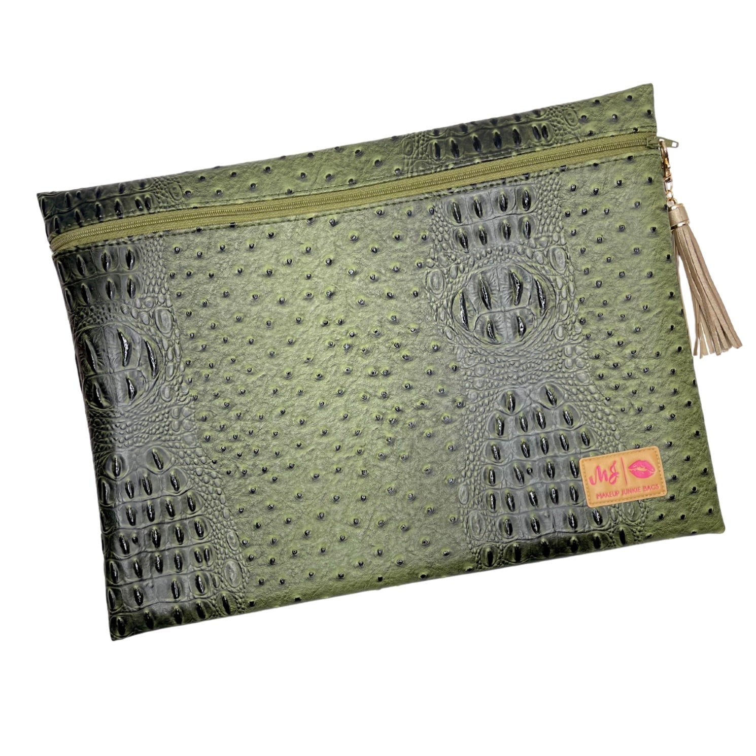 Green textured pouch with a zipper and tassel on a white background