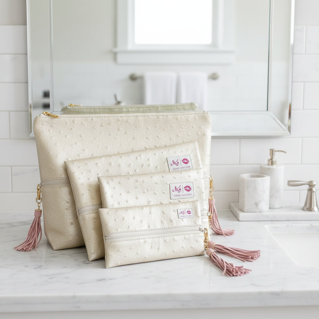 Set of cream-colored pouches with pink tassels and visible brand labels on a white background