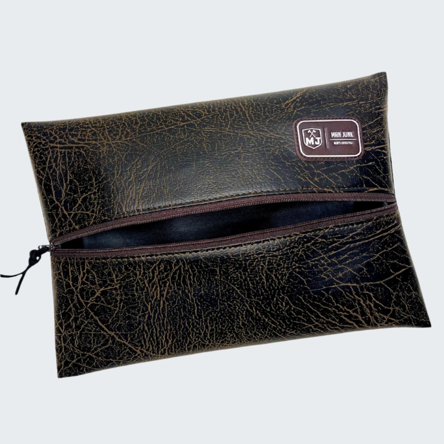 Black leather pouch with zipper and brand logo on a white background