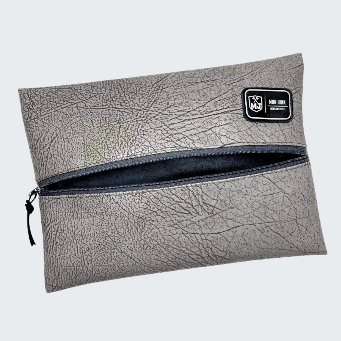 Gray textured pouch with a zipper and a brand logo on a white background