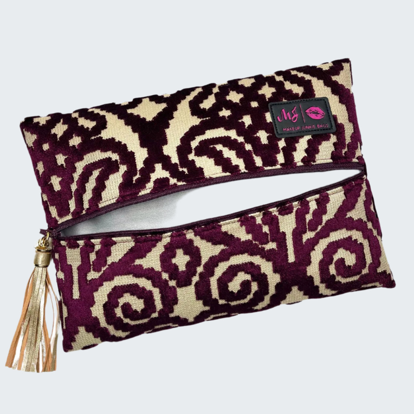 Patterned pouch with a visible brand logo on a white background